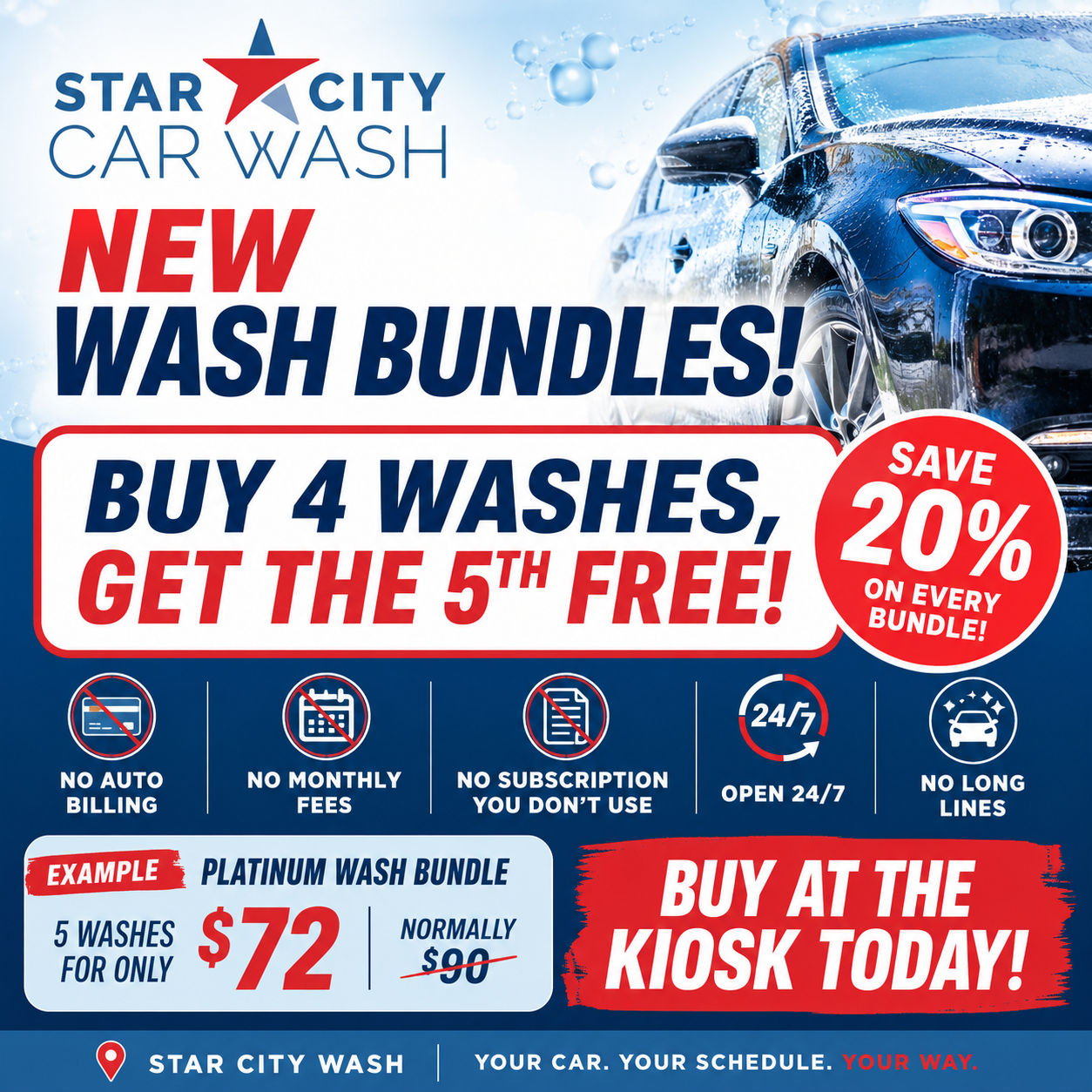 Star City Car Wash bundles: buy four washes, get the fifth free. Save 20%, no automatic billing, no monthly fees. Platinum bundle: five washes for $72. Buy at the kiosk.
